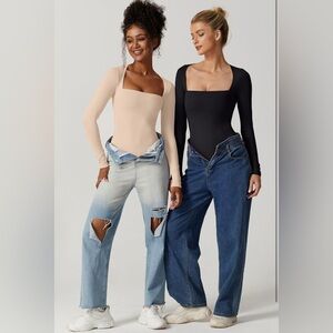 2 Chic Long Sleeve Bodysuit - Black and Tan